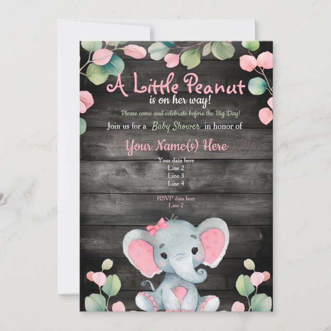Grönt Rosa Elephant Baby Shower-inbjudan Rustic Inbjudningar (Framsida)