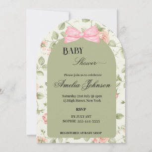 Grönt Rosa Flower & Bow Girl Baby Shower Inbjudningar