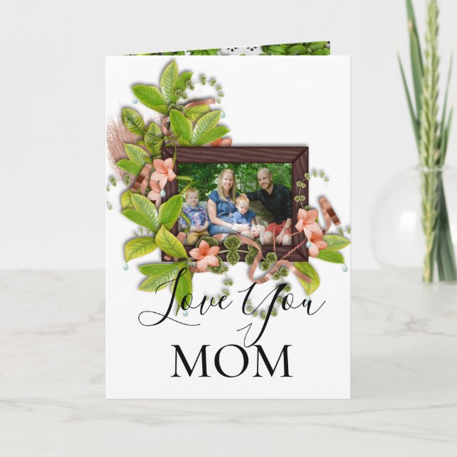 Grönt Rosa Flowers Bild Ram Lägg till ett foto Kort (Framsida)