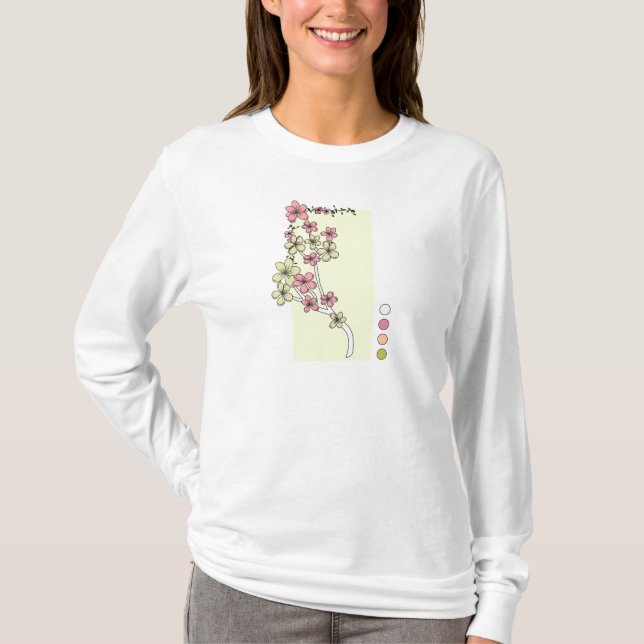 Grönt Rosa Flowers Långärmad T-Shirt (Framsida)