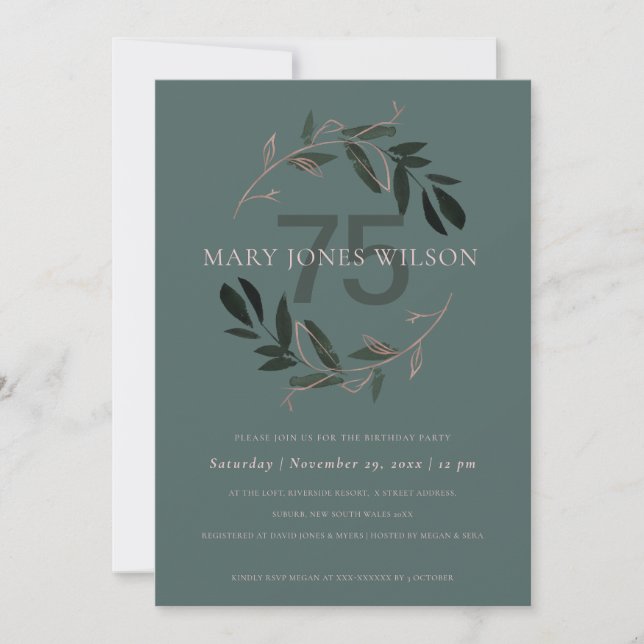 GRÖNT ROSA FOLIAGE WREATH ALLA 75 BIRTHDAY-KORT TACK KORT (Framsida)