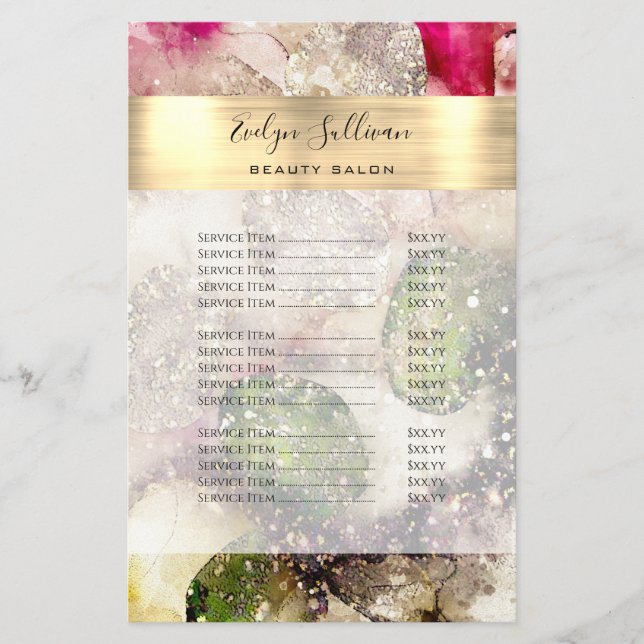 Grönt Rosa Glitter Watercolor Pris List Flyer (Framsidan)