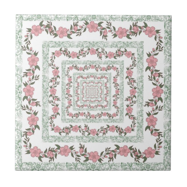 Grönt Rosa Gräns Retro Y2K 70 s Flower Mönster Kakelplatta (Framsidan)