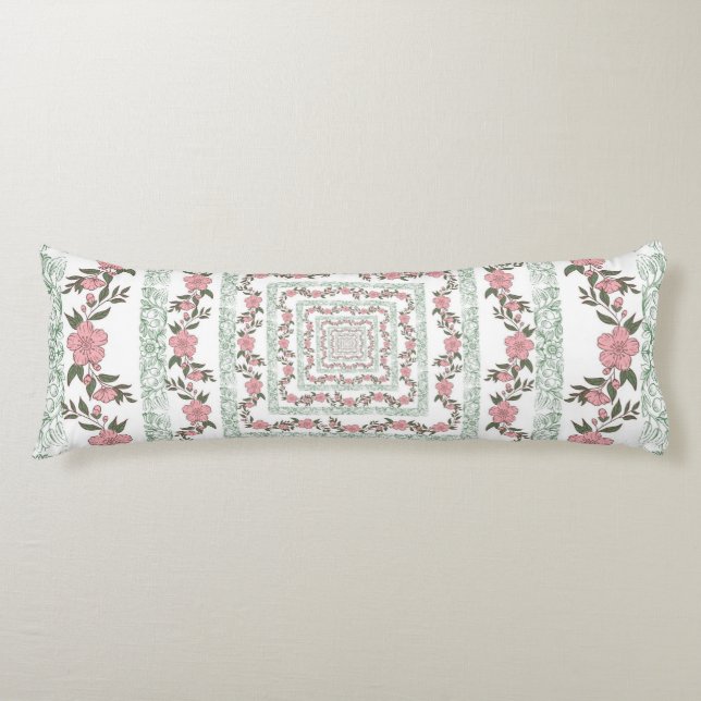 Grönt Rosa Gräns Retro Y2K 70 s Flower Mönster Kroppskudde (Framsidan)