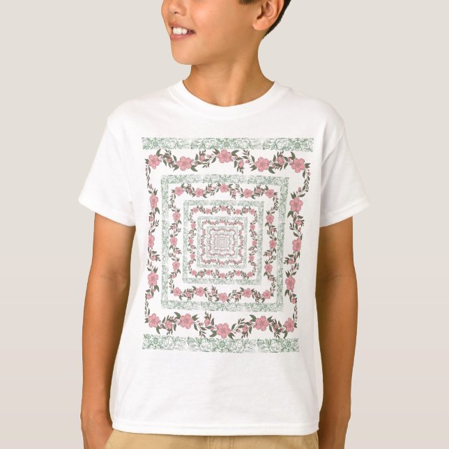 Grönt Rosa Gräns Retro Y2K 70 s Flower Mönster T Shirt (Framsida)
