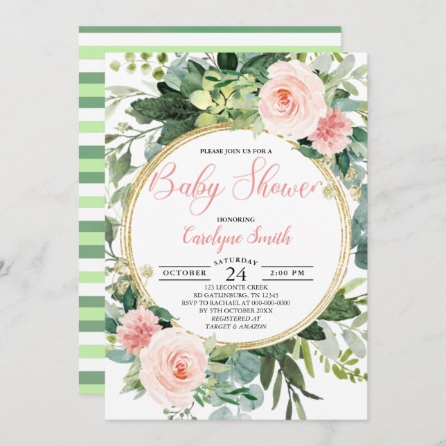 Grönt Rosa Guld Watercolor Botanical Baby Shower Inbjudningar (Fram/baksida)