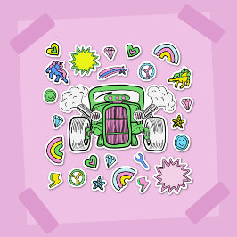Grönt rosa Hot rod Car och Unicorn-klistermärke la Klistermärken