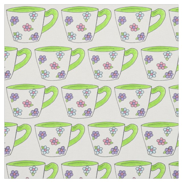 Grönt Rosa Lila Blommigt Flower Print Tea Tekopp Tyg (Provkarta)