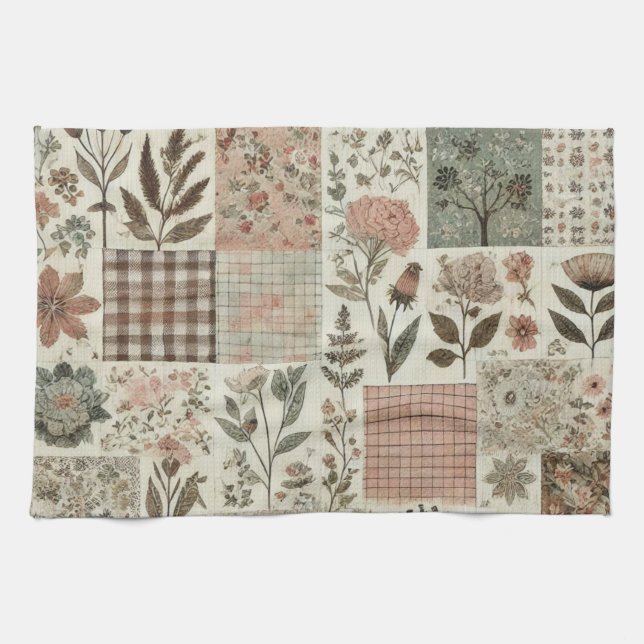 Grönt  Rosa Patchwork Quilt Rustic Blommigt Kökshandduk (Horisontell)