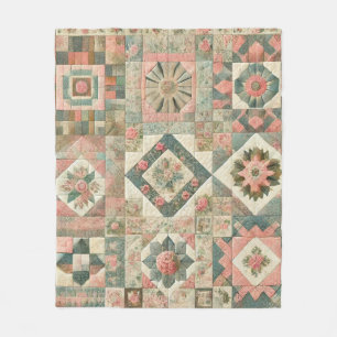 Grönt & Rosa Patchwork Rustic Retro Vintage Blommi Fleecefilt