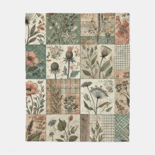 Grönt & Rosa Patchwork Rustic Retro Vintage Blommi Fleecefilt
