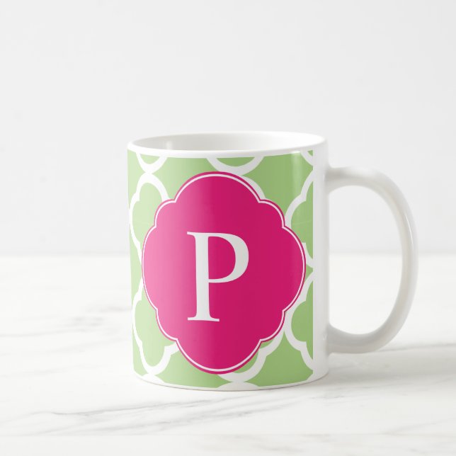 Grönt Rosa Quatrefoil Monogram Kaffemugg (Höger)