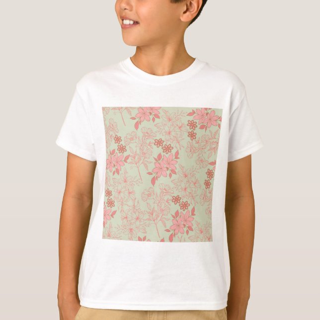 Grönt Rosa Retro Y2K 70s Flower Mönster T Shirt (Framsida)