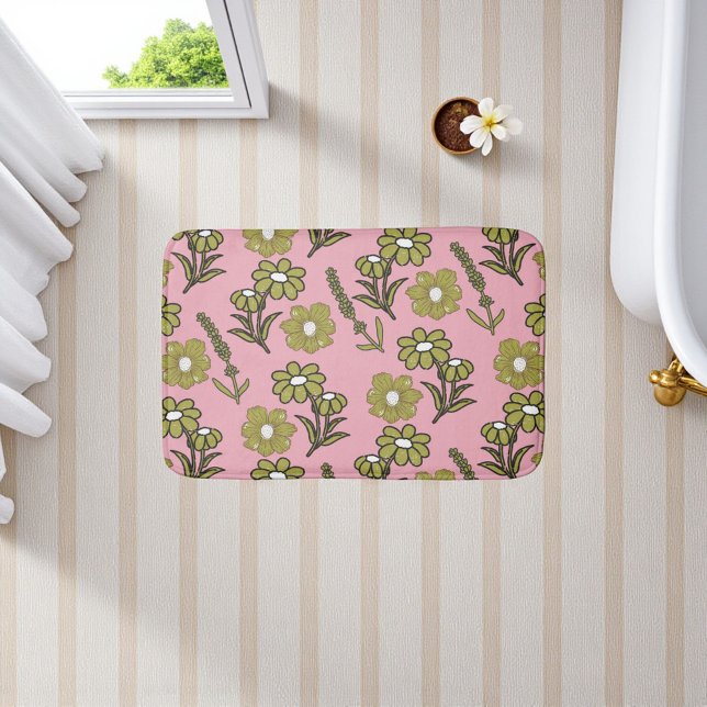 Grönt Rosa Retro Y2K Funky Hippie Flower Mönster Badrumsmatta (Green Pink Retro Y2K Funky Hippie Flower Pattern Bath Mat)