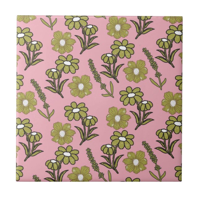Grönt Rosa Retro Y2K Funky Hippie Flower Mönster Kakelplatta (Framsidan)