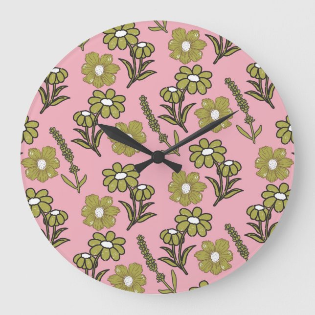 Grönt Rosa Retro Y2K Funky Hippie Flower Mönster Stor Klocka (Framsida)
