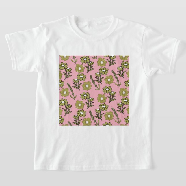 Grönt Rosa Retro Y2K Funky Hippie Flower Mönster T Shirt (Laydown)