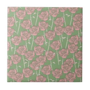 Grönt Rosa ros Retro Y2K 70 s Flower Mönster Kakelplatta