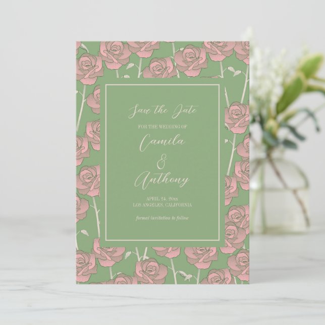 Grönt Rosa ros Retro Y2K 70 s Flower Mönster Spara Datumet (Stående Fram)
