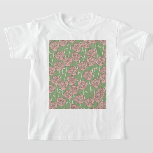 Grönt Rosa ros Retro Y2K 70 s Flower Mönster T Shirt (Laydown)