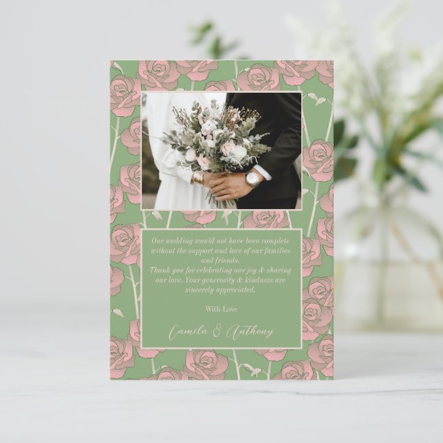 Grönt Rosa ros Retro Y2K 70 s Flower Mönster Tack Kort (Stående Fram)