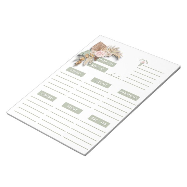 Grönt Rosa Tan Blommigt Boho Weekly Planner Pages Anteckningsblock (Vinklad)