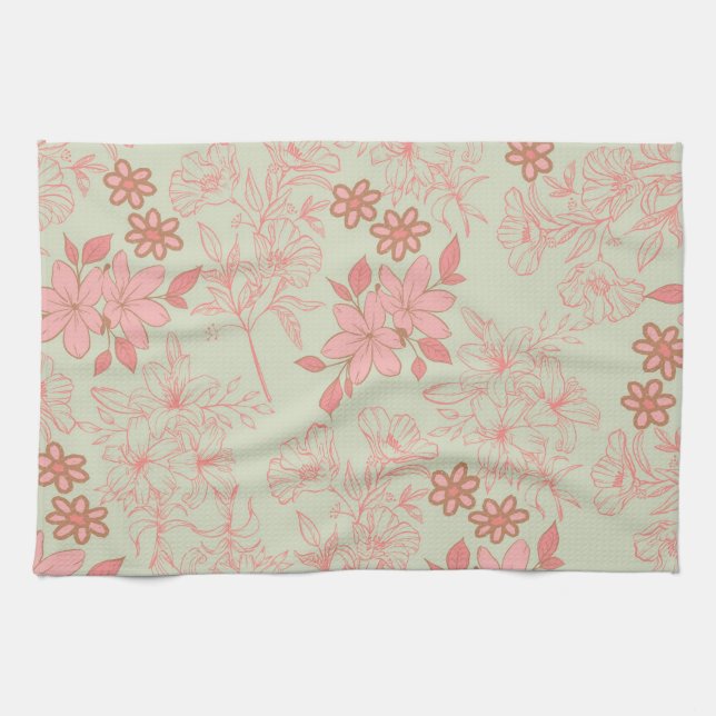 Grönt Rosa Tropical Blommigt Botanical Vår Sommar Kökshandduk (Horisontell)