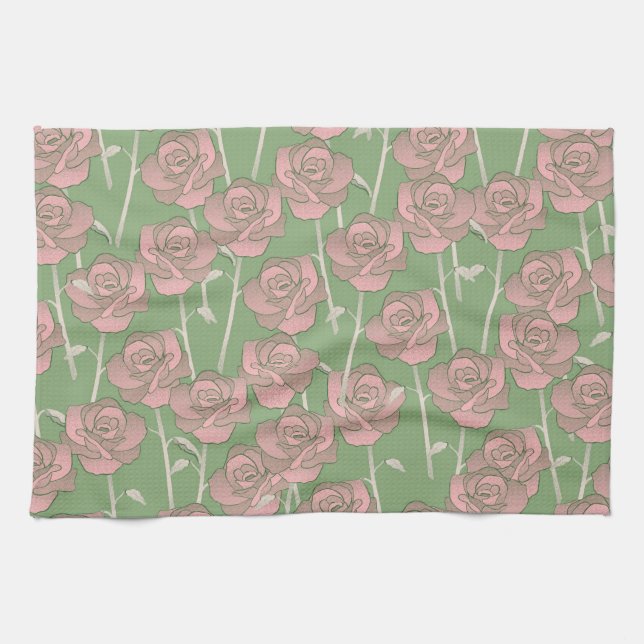 Grönt Rosa Tropical Botanical Vår sommar Kökshandduk (Horisontell)