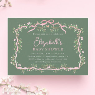 Grönt Rosa Vår Blommigt Ram Baby Shower för barn i Inbjudningar