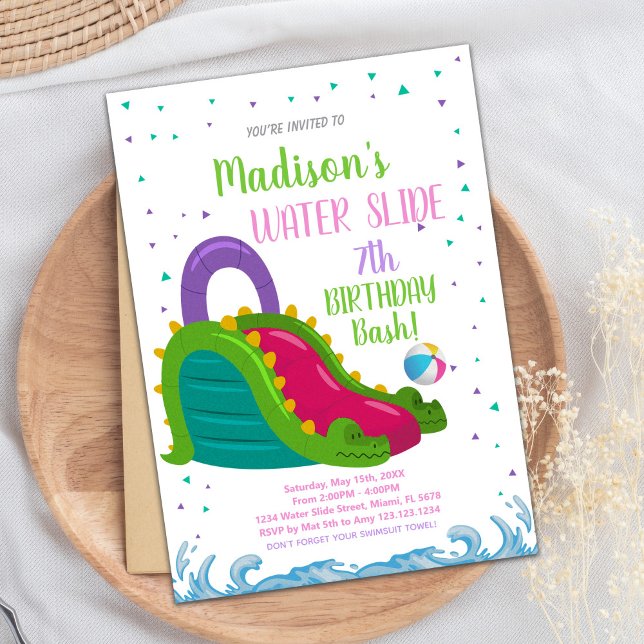 Grönt Rosa Vatten Bild från födelsedagsinbjudninga Inbjudningar (Green Pink Water Slide Birthday Invitations)