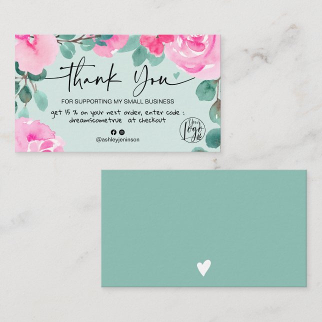 Grönt Rosa - vattenfärgsordning för blommigt tack Visitkort (Fram/baksida)