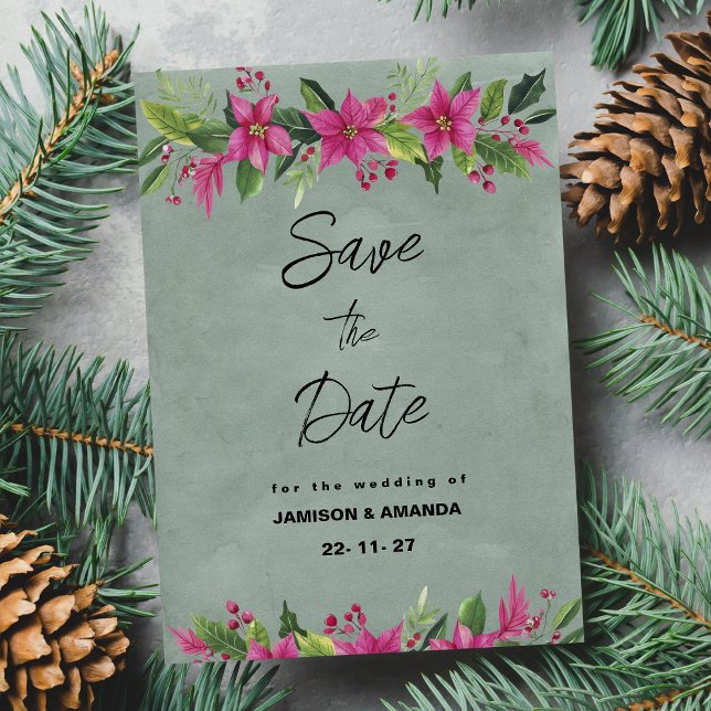Grönt rosa Vintern blommigt jul Spara datum Inbjudningar (Green pink winter floral Christmas Save The Date)