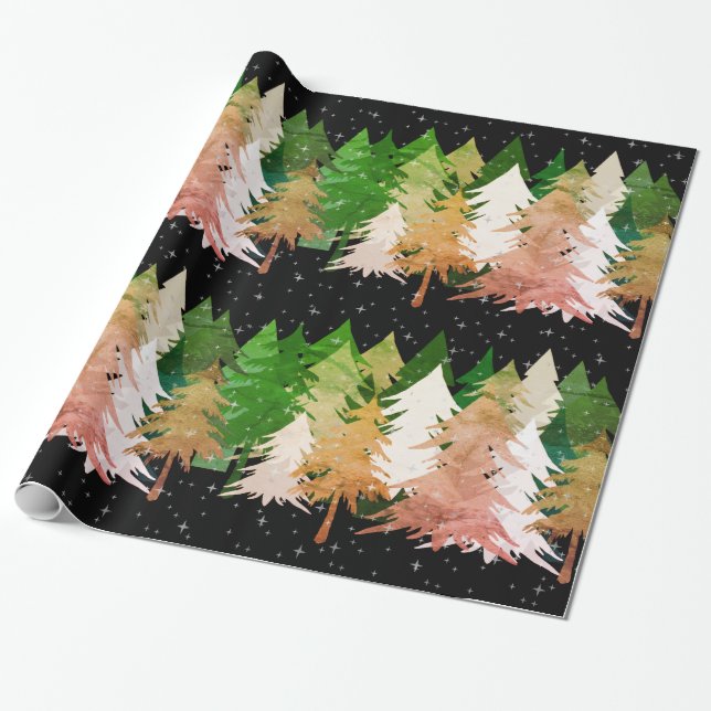 Grönt Rosa White Julgranar Stars Snö Black Presentpapper (Utrullad)