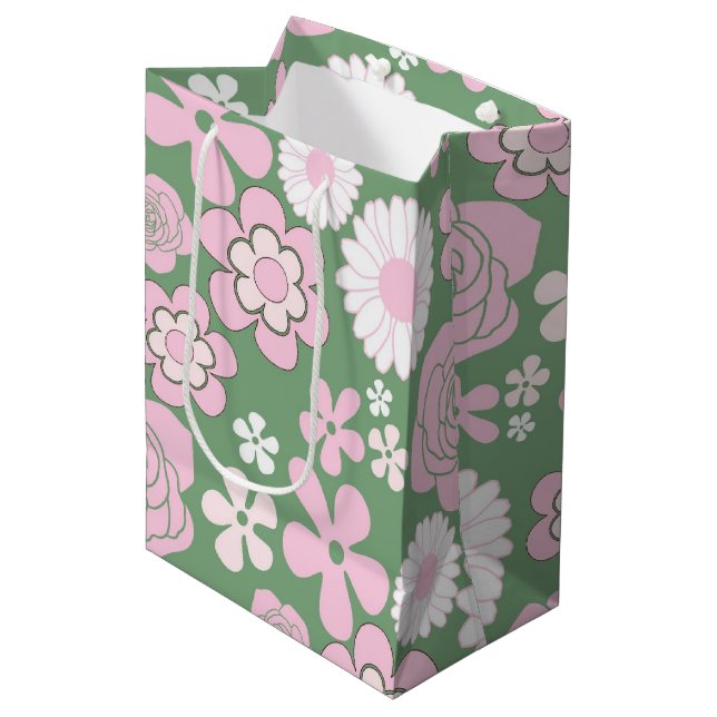 Grönt Rosa White Retro Y2K 70 s Flower Mönster (Framsidan Vinklad)