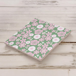 Grönt Rosa White Retro Y2K 70 s Flower Mönster Kakelplatta