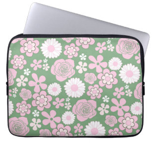 Grönt Rosa White Retro Y2K 70 s Flower Mönster Laptop Fodral