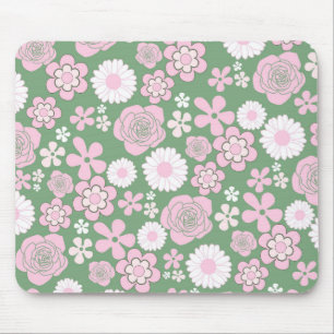 Grönt Rosa White Retro Y2K 70 s Flower Mönster Musmatta
