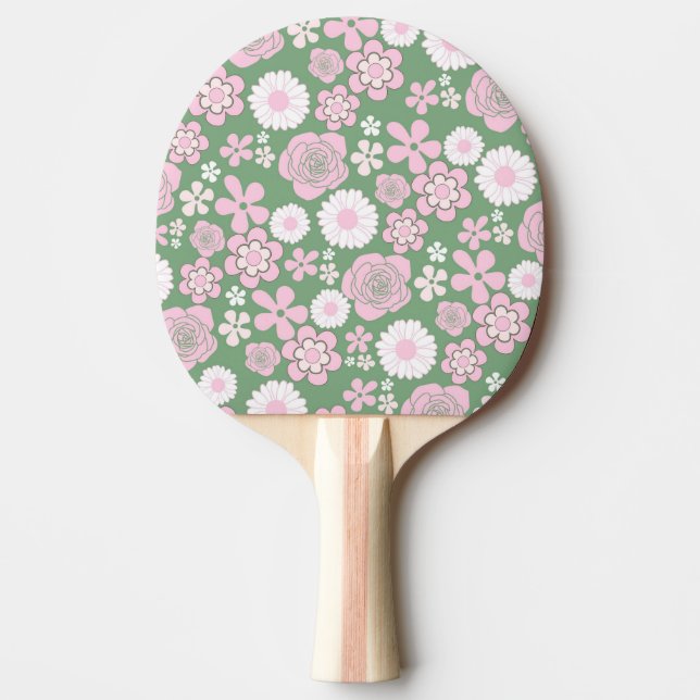 Grönt Rosa White Retro Y2K 70 s Flower Mönster Pingisracket (Framsidan)