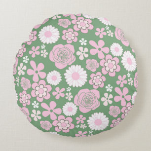 Grönt Rosa White Retro Y2K 70 s Flower Mönster Rund Kudde