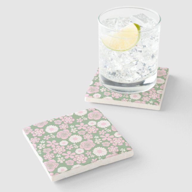 Grönt Rosa White Retro Y2K 70 s Flower Mönster Stenunderlägg (Sidan)