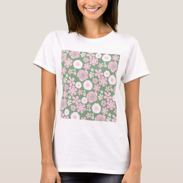 Grönt Rosa White Retro Y2K 70 s Flower Mönster T Shirt (Framsida)