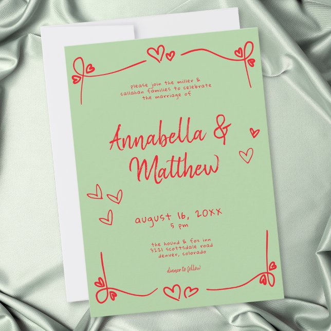 Grönt Rött Handritat Hjärta Whimsical Bröllop  Inbjudningar (Green Red Hand Drawn Heart Whimsical Wedding Invitation)