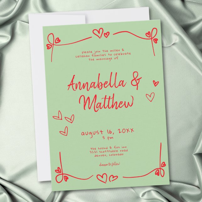 Grönt Rött Handritat Hjärta Whimsical Bröllop  Inbjudningar (Green Red Hand Drawn Heart Whimsical Wedding Invitation)