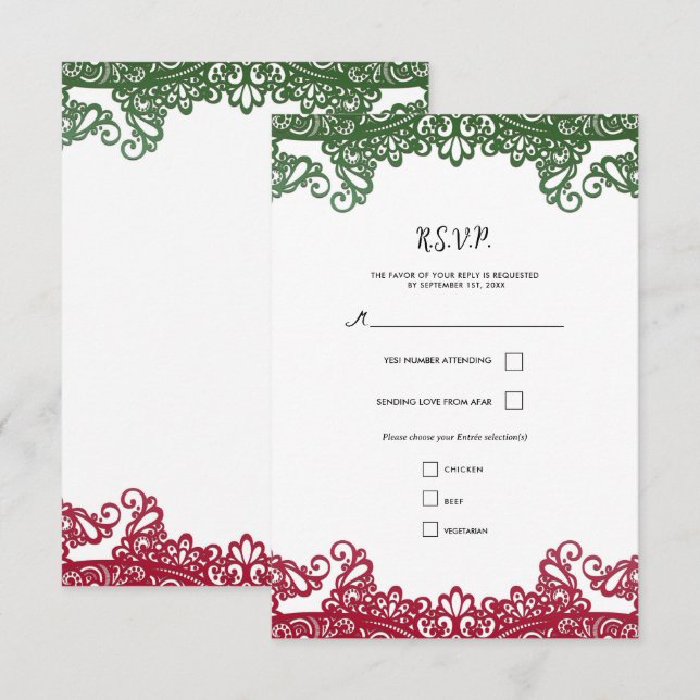 Grönt & Rött Spetsigt Elegant Fiesta Bröllop RSVP OSA Kort (Fram/baksida)