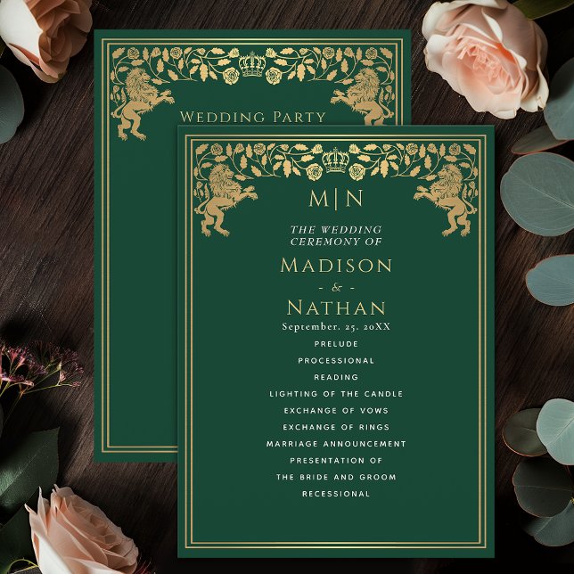 Grönt Royal Lejont medeltida ord Bröllopsprogram Program (Skapare uppladdad)