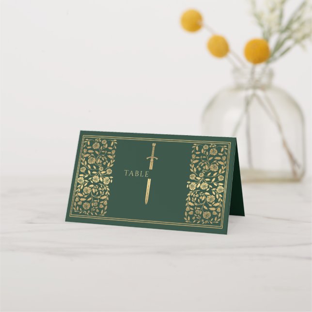 Grönt Royal Medieval Sword Bröllop Place Card Placeringskort (Framsida)
