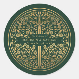 Grönt Royal Medieval Sword Bröllop Runt Klistermärke