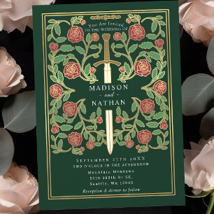 Grönt Royal Sword Blommigt Medieval Fantasy Bröllo Inbjudningar
