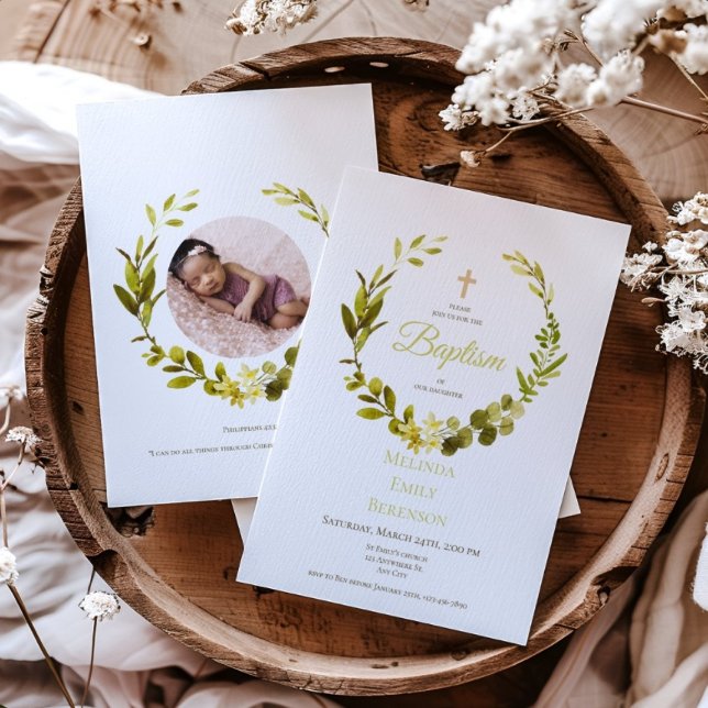 Grönt Rustic Blommigt Watercolor Baptism-foto Inbjudningar (Skapare uppladdad)