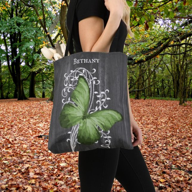Grönt Rustic Butterfly Personlig Tote Bag Tygkasse (Green Rustic Butterfly Personalized Tote Bag)